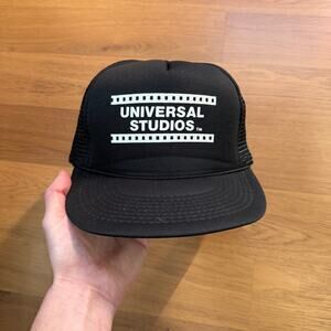 Vintage 90's Universal Studious Black White Trucker Snapback Hat Cap VTG Retro